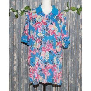 Woman Within Blue Tropical Ladies Polo Shirt Top Size L 18/20 Stretch Colorful